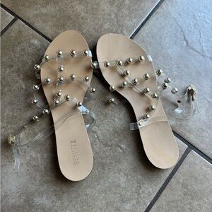 SCHUTZ Nude Leather jelly Slide Sandals with Clear Studded Straps